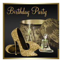 Pearls High Heel Shoes Black Gold Womans Birthday Invitations