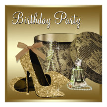 Pearls High Heel Shoes Black Gold Womans Birthday Invitation