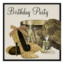 Pearls High Heel Shoes Black Gold Womans Birthday Custom Invites
