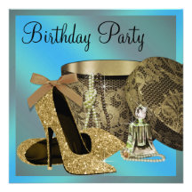 Pearls High Heel Shoes Teal Blue Womans Birthday Personalized Invitations