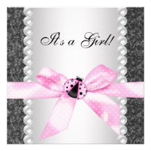 Pearls Ladybug Pink Black Baby Girl Shower Announcement