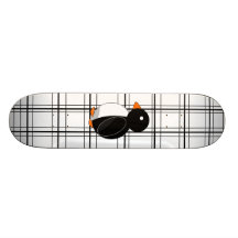 Penguin on black and white plaid skateboard