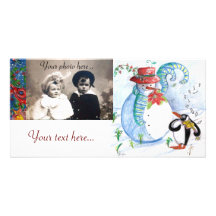 PENGUIN'S SERENADE , white blue red black Customized Photo Card