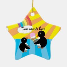 Penguins with ice cream and rainbow christmas ornaments