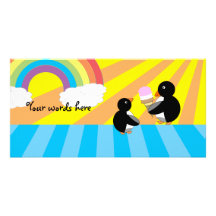 Penguins with ice cream and rainbow personalized photo card