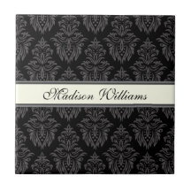 Personalised black and grey damask tile/gift box