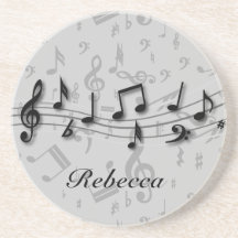 Personalised black and grey musical notes drink coaster