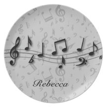 Personalised black and grey musical notes dinner plate