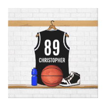 Personalised Black Basketball Jersey Stretched Canvas Print