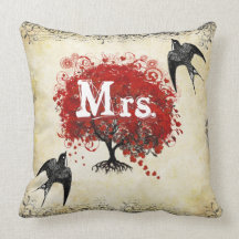 Personalised Brides Red Heart Leaf Tree Mrs. Pillows