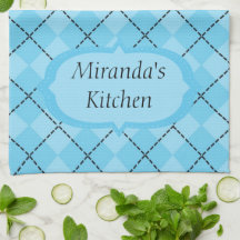Personalised Light Blue Plaid Kitchen Towel