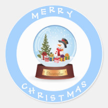 Personalised Merry Christmas Snowman Snowglobe Round Stickers
