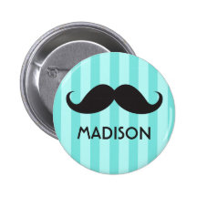 Personalised name black handlebar moustache aqua pinback button