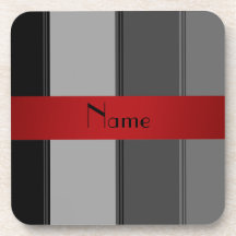 Personalised name grey and red stripes beverage coaster