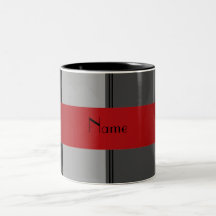 Personalised name grey and red stripes mugs