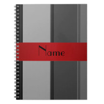 Personalised name grey and red stripes spiral note book