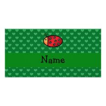 Personalised name ladybug green hearts personalised photo card