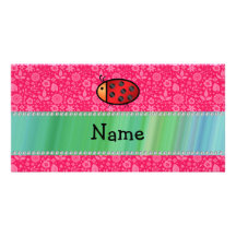 Personalised name ladybug pink floral pattern photo greeting card