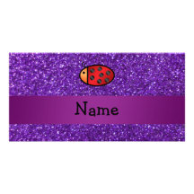 Personalised name ladybug purple glitter custom photo card