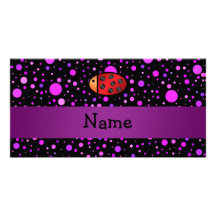 Personalised name ladybug purple polka dots picture card
