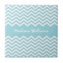 Personalised pale sea blue chevron pattern tile