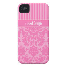 Personalised Pink and White Striped Damask iPhone 4 Case-Mate Case