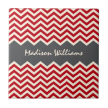 Personalised red and grey chevron pattern tile
