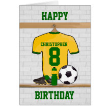 Personalised soccer jersey yellow green greeting card