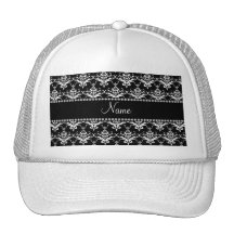 Personalized name black and white damask trucker hat