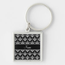 Personalized name black and white damask keychains