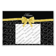 Personalized name black swirls gold glitter bow photo