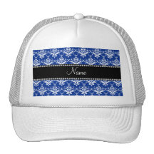 Personalized name blue and white damask mesh hats