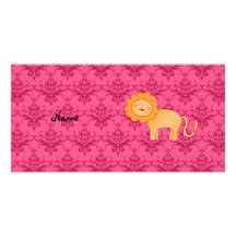 Personalized name cute lion pink damask photo greeting card