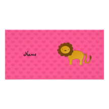 Personalized name cute lion pink hearts picture card