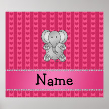 Personalized name elephant pink hearts and stripes posters