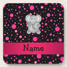 Personalized name elephant pink polka dots drink coaster