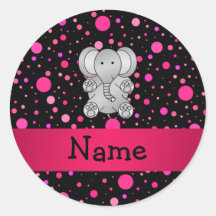 Personalized name elephant pink polka dots round sticker