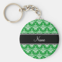 Personalized name green white damask key chains