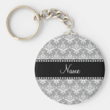 Personalized name grey white damask key chain