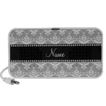 Personalized name grey white damask travel speaker