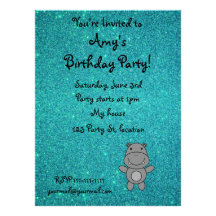 Personalized name hippo turquoise glitter custom invitations