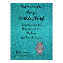 Personalized name hippo turquoise glitter invitations