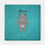 Personalized name hippo turquoise glitter fridge magnets
