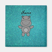 Personalized name hippo turquoise glitter fridge magnets