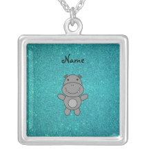 Personalized name hippo turquoise glitter pendants