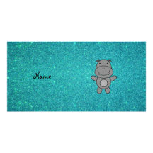 Personalized name hippo turquoise glitter photo card template