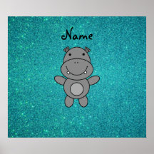 Personalized name hippo turquoise glitter poster