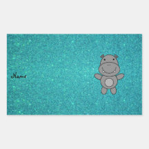 Personalized name hippo turquoise glitter rectangular sticker