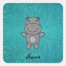 Personalized name hippo turquoise glitter sticker