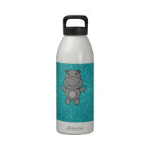 Personalized name hippo turquoise glitter water bottles